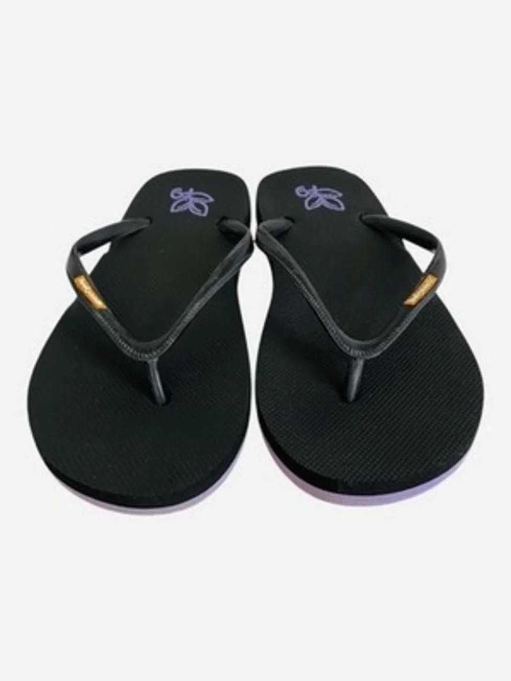 Feelgoodz Natural Rubber Flip Flops Black Purple Logo Womens Size 6 NWOT